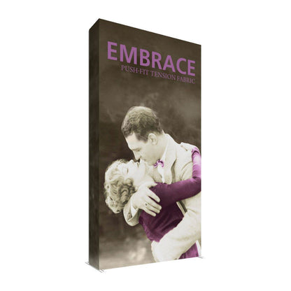 Tall trade show display featuring vintage couple embrace graphic with push-fit tension fabric