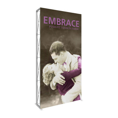 Tall fabric trade show display featuring vintage couple embrace image and text Embrace Push-Fit Tension Fabric