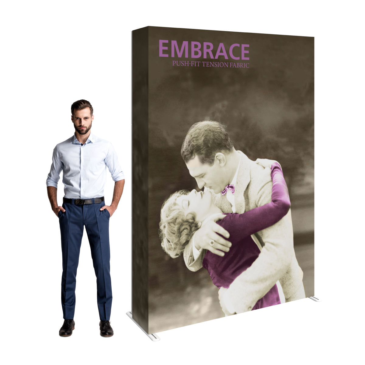 5ft trade show tension fabric display with vintage romantic couple photo beside man