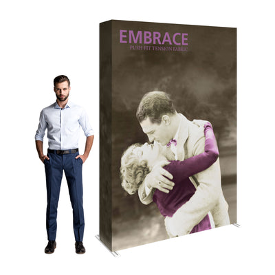 5ft trade show tension fabric display with vintage romantic couple photo beside man