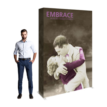 5ft trade show tension fabric display with vintage romantic couple photo beside man