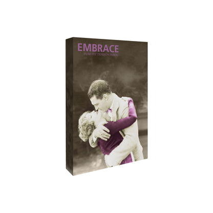 Embrace push-fit tension fabric display featuring romantic vintage couple image for trade shows and events