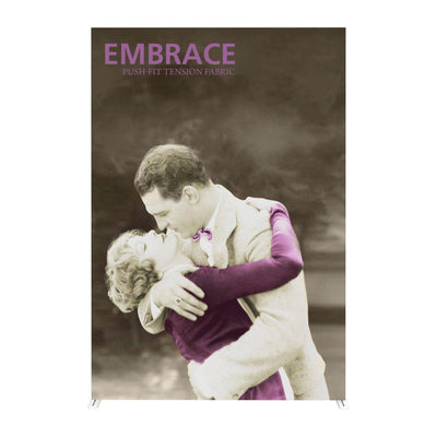 Fabric trade show display banner featuring vintage couple embrace image for exhibitions and events