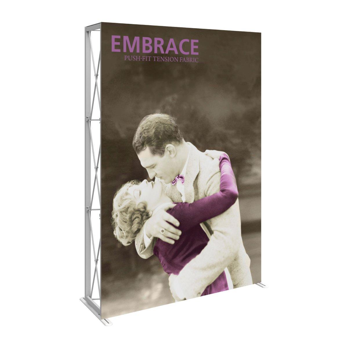 Large fabric tension display with vintage embracing couple image for trade shows and exhibitions