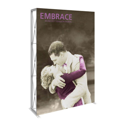 Large fabric tension display with vintage embracing couple image for trade shows and exhibitions