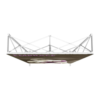 Tradeshow pop-up display frame with graphic panel featuring promotional content for exhibitions and events