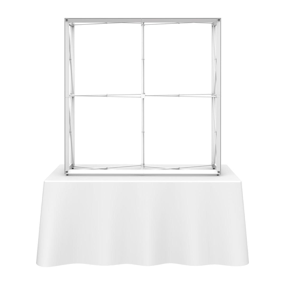 5ft tall collapsible tabletop display frame on table for trade shows and exhibitions