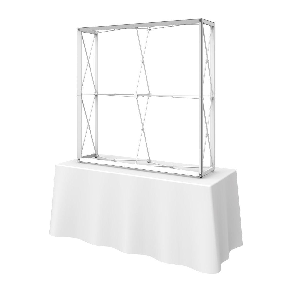5ft tall tabletop display frame on table with tablecloth for trade shows and exhibitions