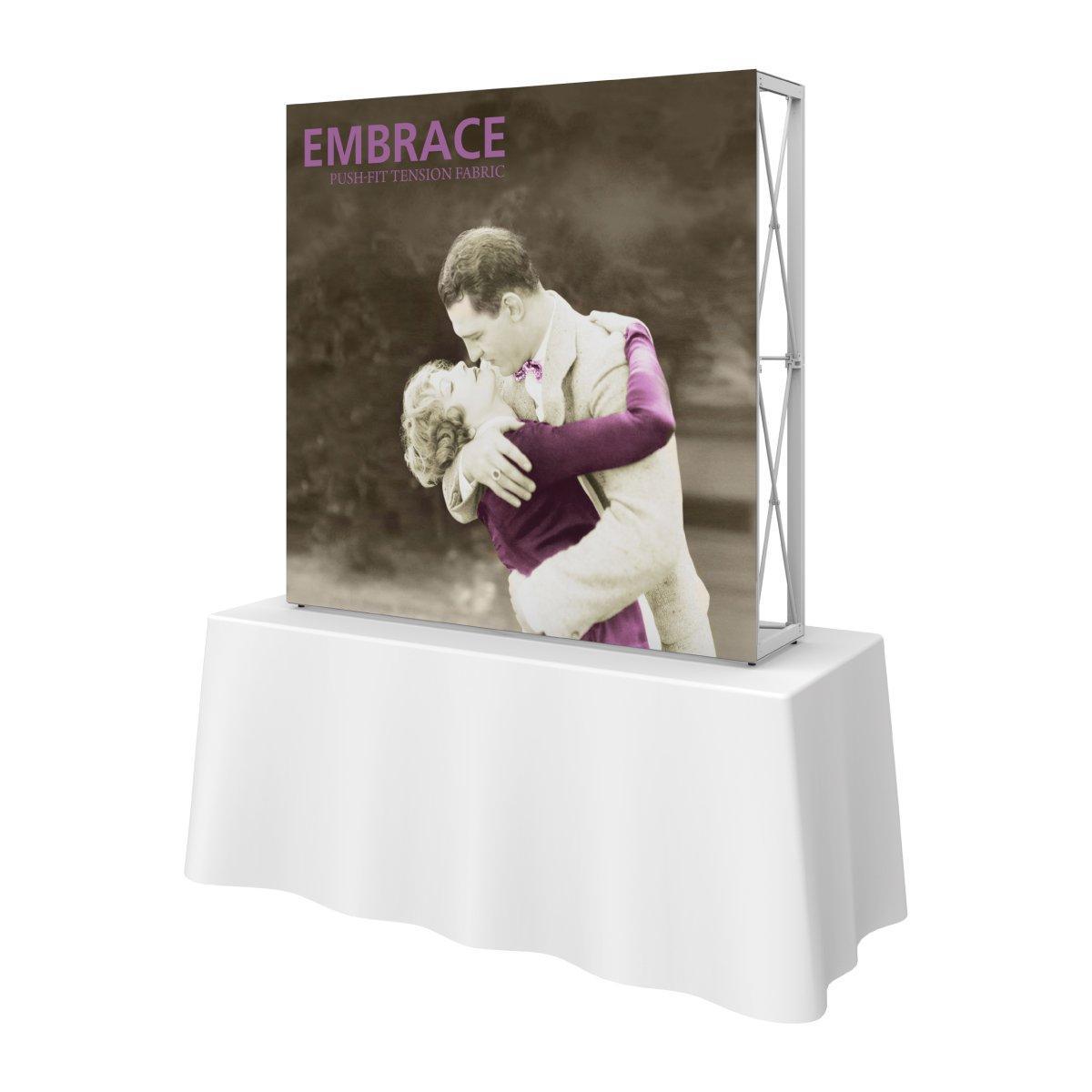 Tabletop display with push-fit tension fabric graphic showing vintage couple embracing for trade shows and exhibitions