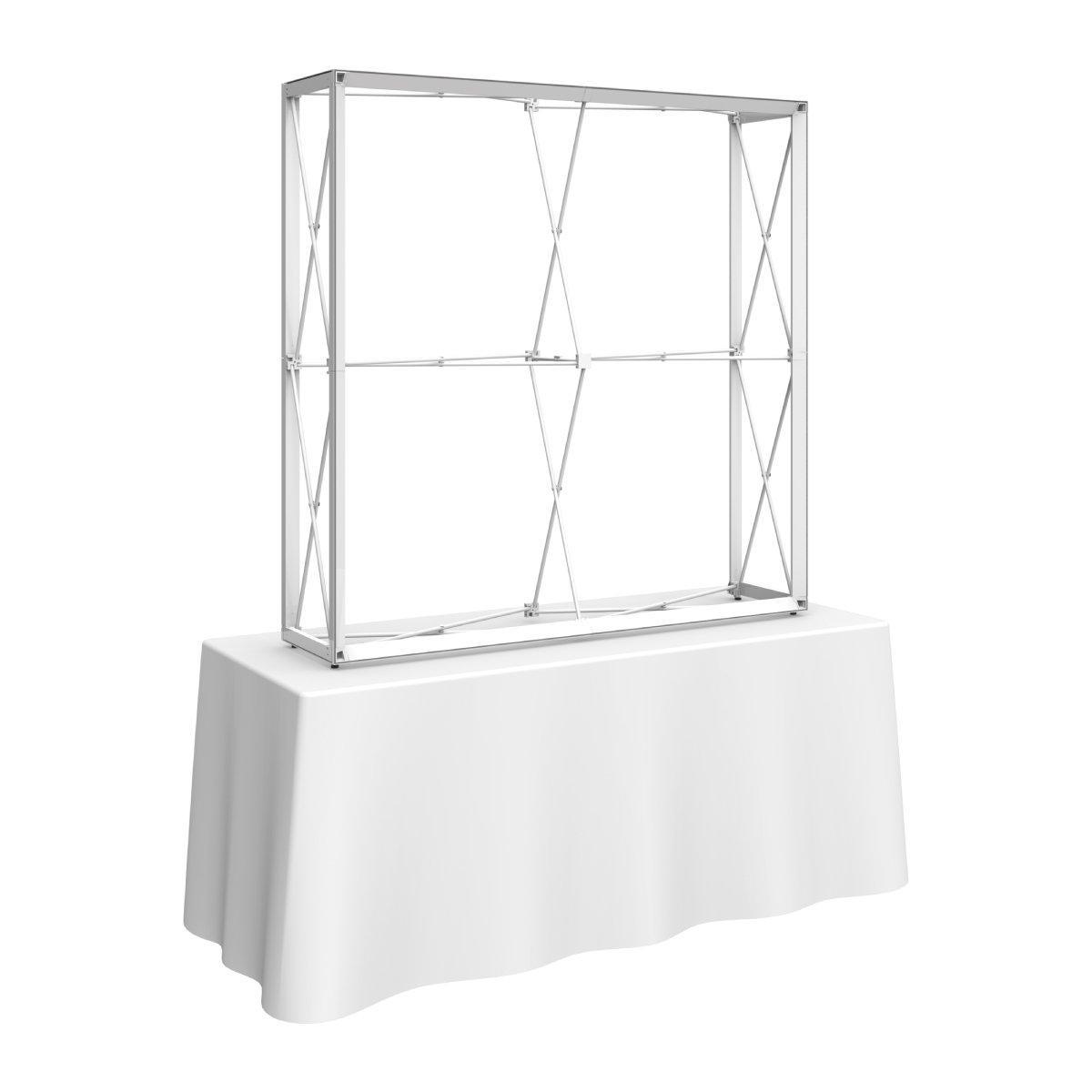5ft tall expandable tabletop display frame on covered table for trade shows and exhibitions