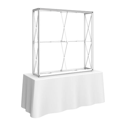 5ft tall expandable tabletop display frame on covered table for trade shows and exhibitions