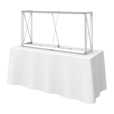 Tabletop frame display structure set on draped table for trade shows and special events