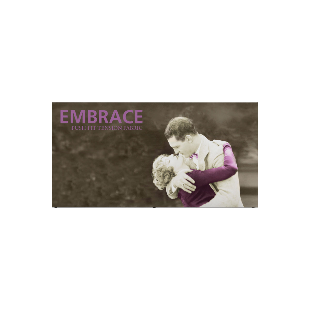 Trade show tabletop display featuring vintage couple embracing with push-fit tension fabric branding