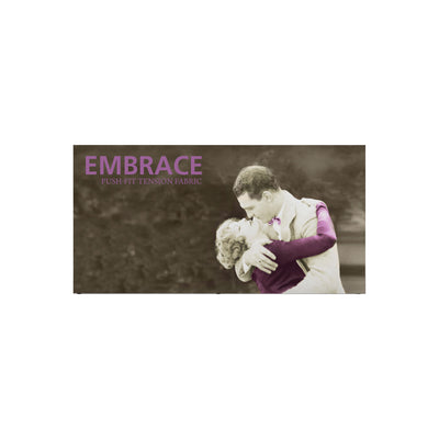 Trade show tabletop display featuring vintage couple embracing with push-fit tension fabric branding