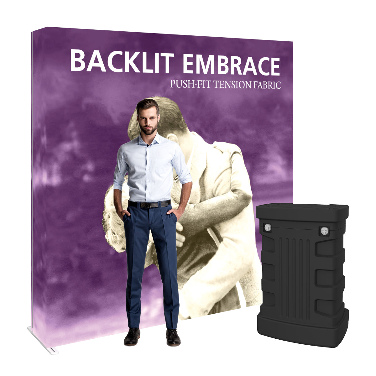 Backlit tension fabric display with case and man standing in front, ideal for trade shows and exhibitions