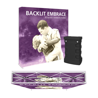 Backlit fabric display with tension frame showcasing vintage embrace image for trade shows and exhibitions