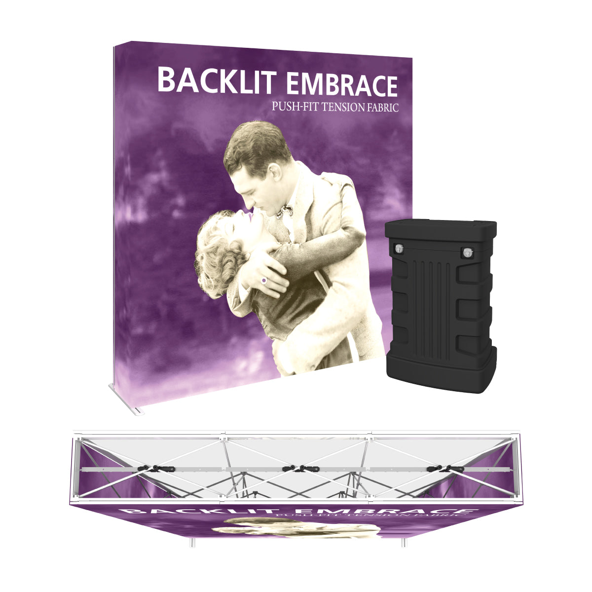 Trade show backlit display with push-fit tension fabric frame showing vintage embracing couple