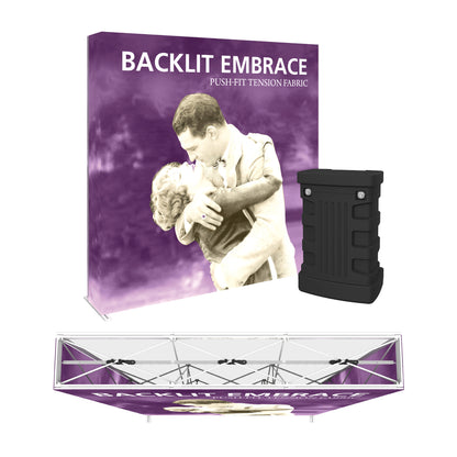 Trade show backlit display with push-fit tension fabric frame showing vintage embracing couple