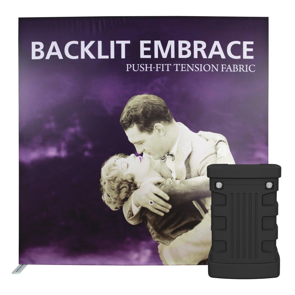 Backlit Embrace tension fabric display with vintage romantic image for trade shows and exhibitions