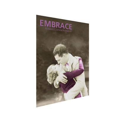 Tall fabric trade show display featuring vintage embrace photo with push-fit tension fabric graphics