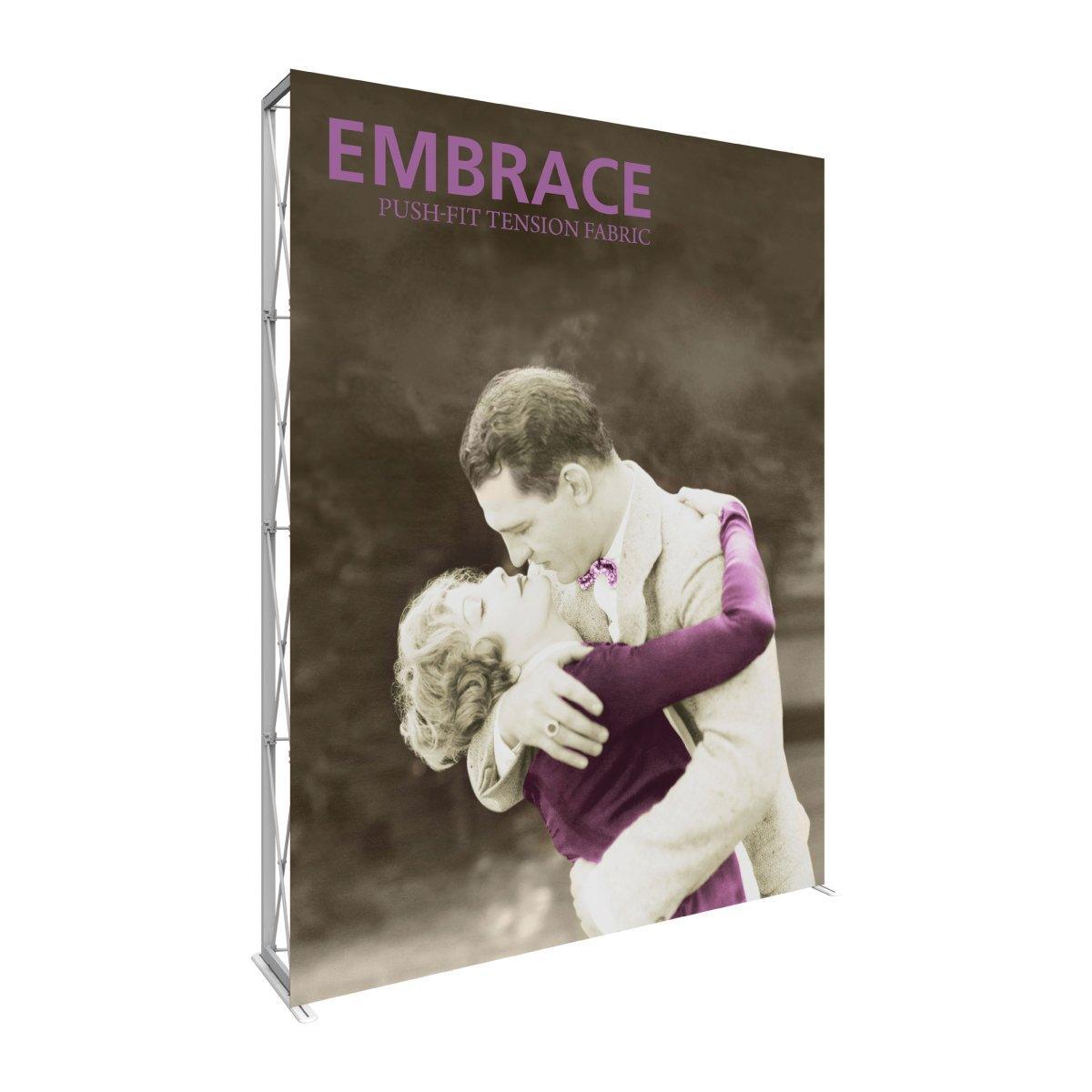 7.5ft extra tall trade show display frame with push-fit tension fabric featuring vintage embrace couple image