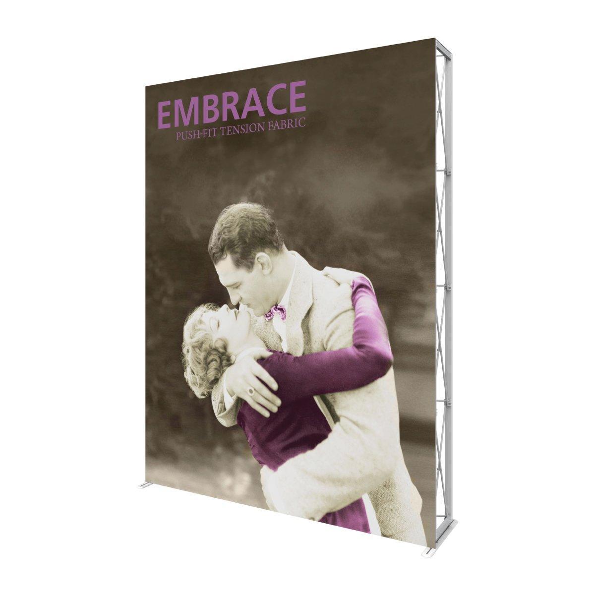 Tall fabric trade show display with vintage couple embracing, ideal for exhibitions and events