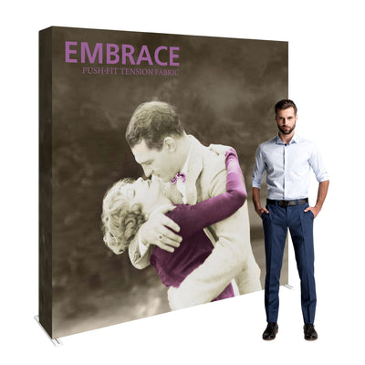 Large fabric tension display panel with vintage couple image, ideal for trade shows and events