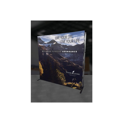 Trade show display showcasing wellness and lifestyle branding with mountain scenery backdrop