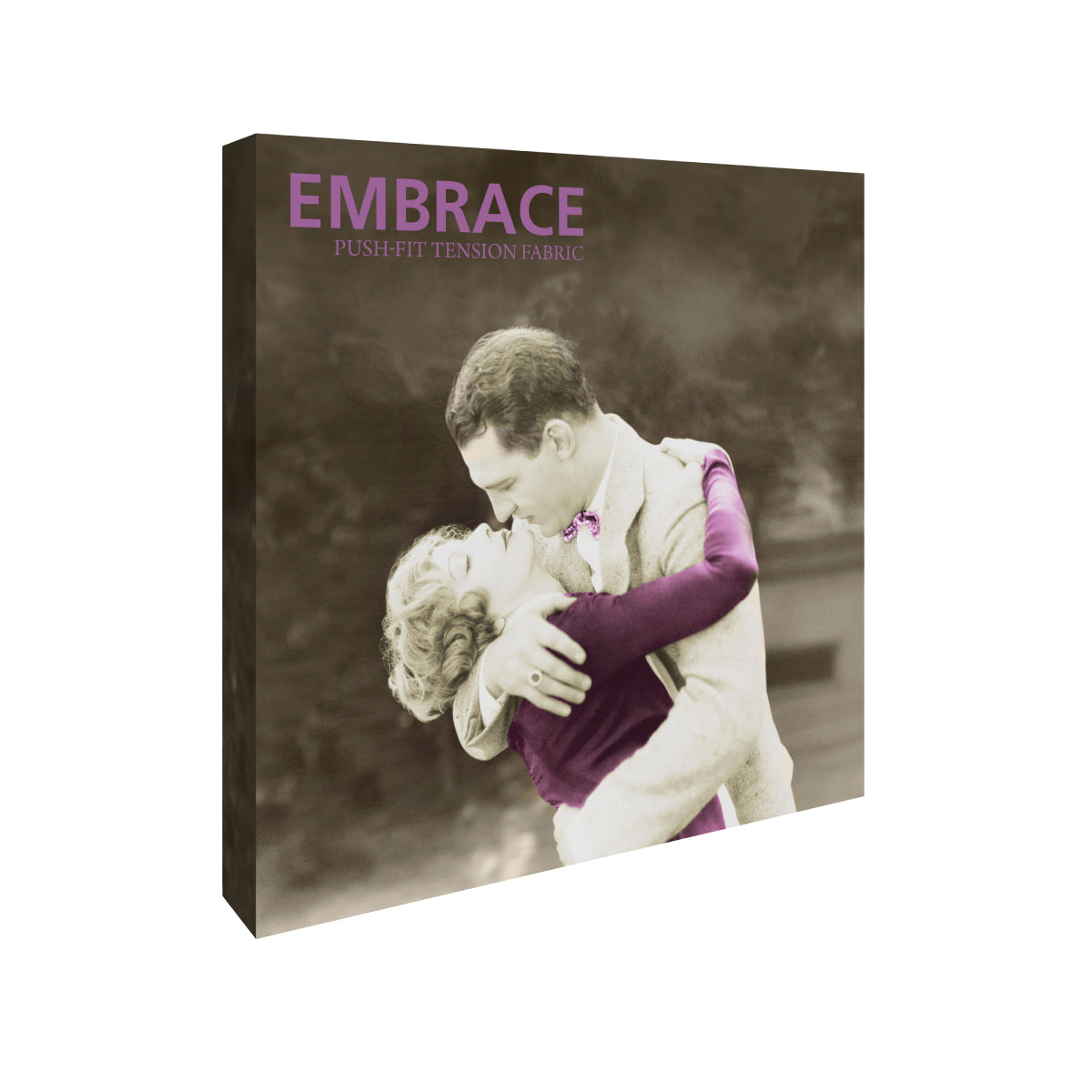 Embrace push-fit tension fabric trade show display featuring vintage romantic couple graphic