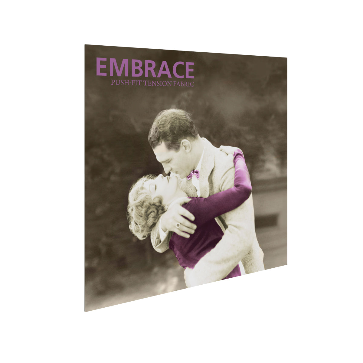 7.5ft push-fit tension fabric display featuring vintage romantic embrace image for trade shows and exhibitions