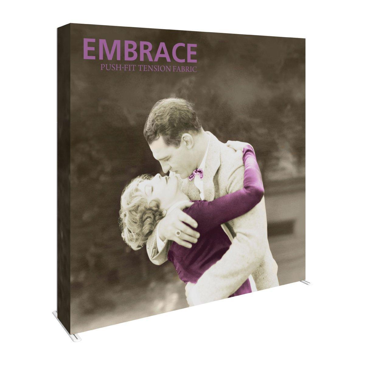 Push-fit tension fabric display for trade shows featuring vintage romantic embrace image