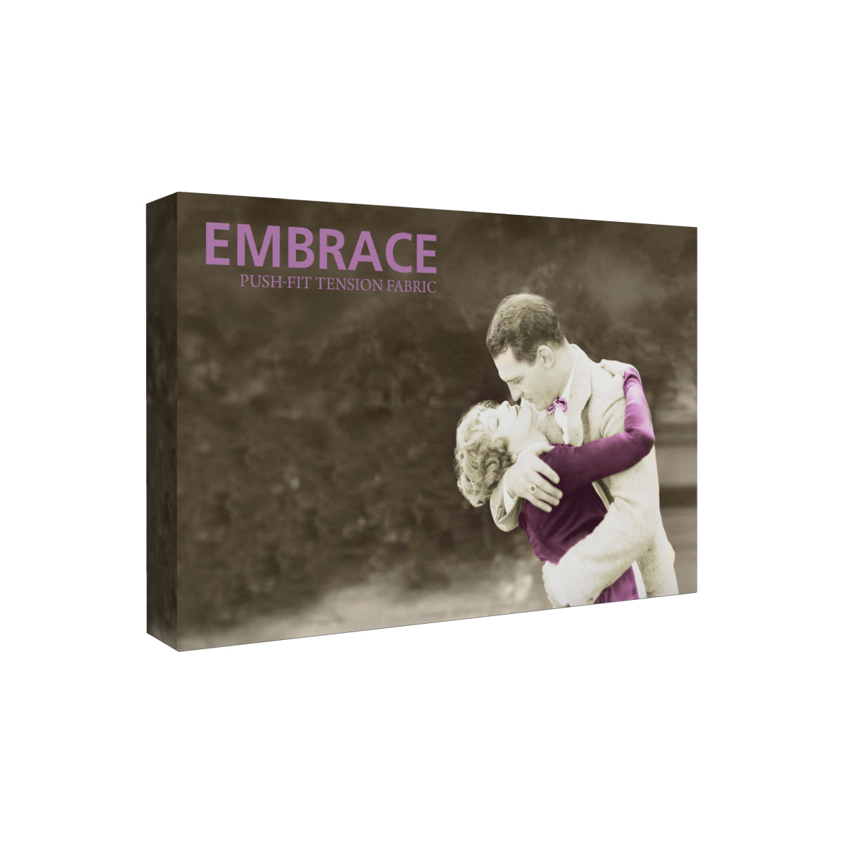 7.5ft tabletop push-fit tension fabric display for trade shows with vintage embrace graphic