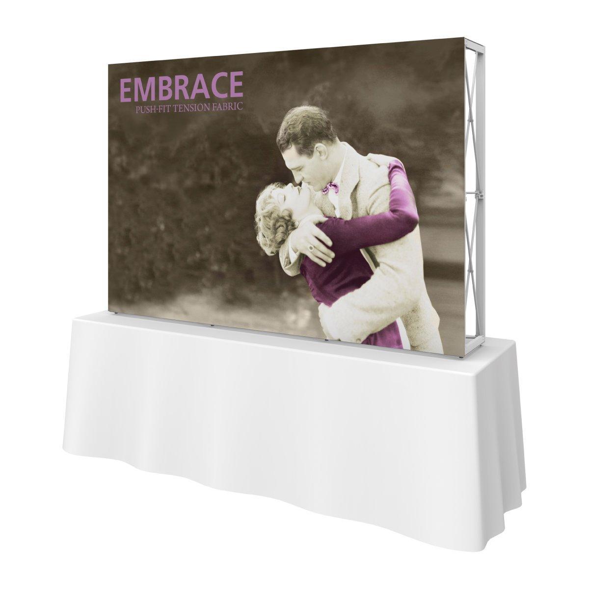 7.5ft tabletop display with push-fit tension fabric backdrop showing vintage couple embracing for trade shows and events