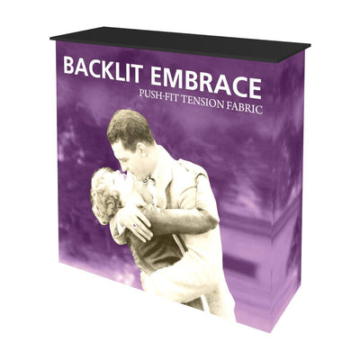Backlit embrace push-fit tension fabric trade show counter display for exhibitions and events
