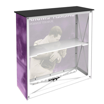 Backlit counter display with graphic panel featuring a couple embracing for trade shows and exhibitions