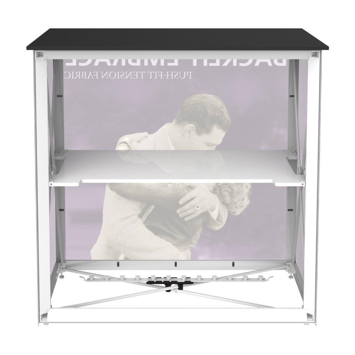 Backlit trade show counter with graphic panel showcasing vintage embrace image for exhibitions and events