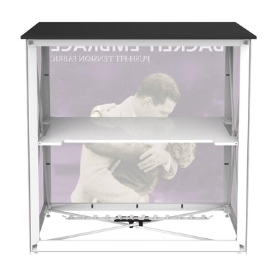 Backlit trade show counter with graphic panel showcasing vintage embrace image for exhibitions and events