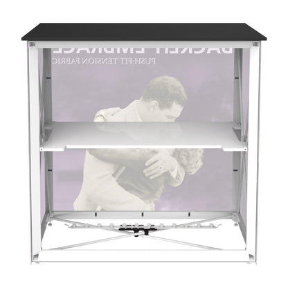 Backlit trade show counter with graphic panel showcasing vintage embrace image for exhibitions and events