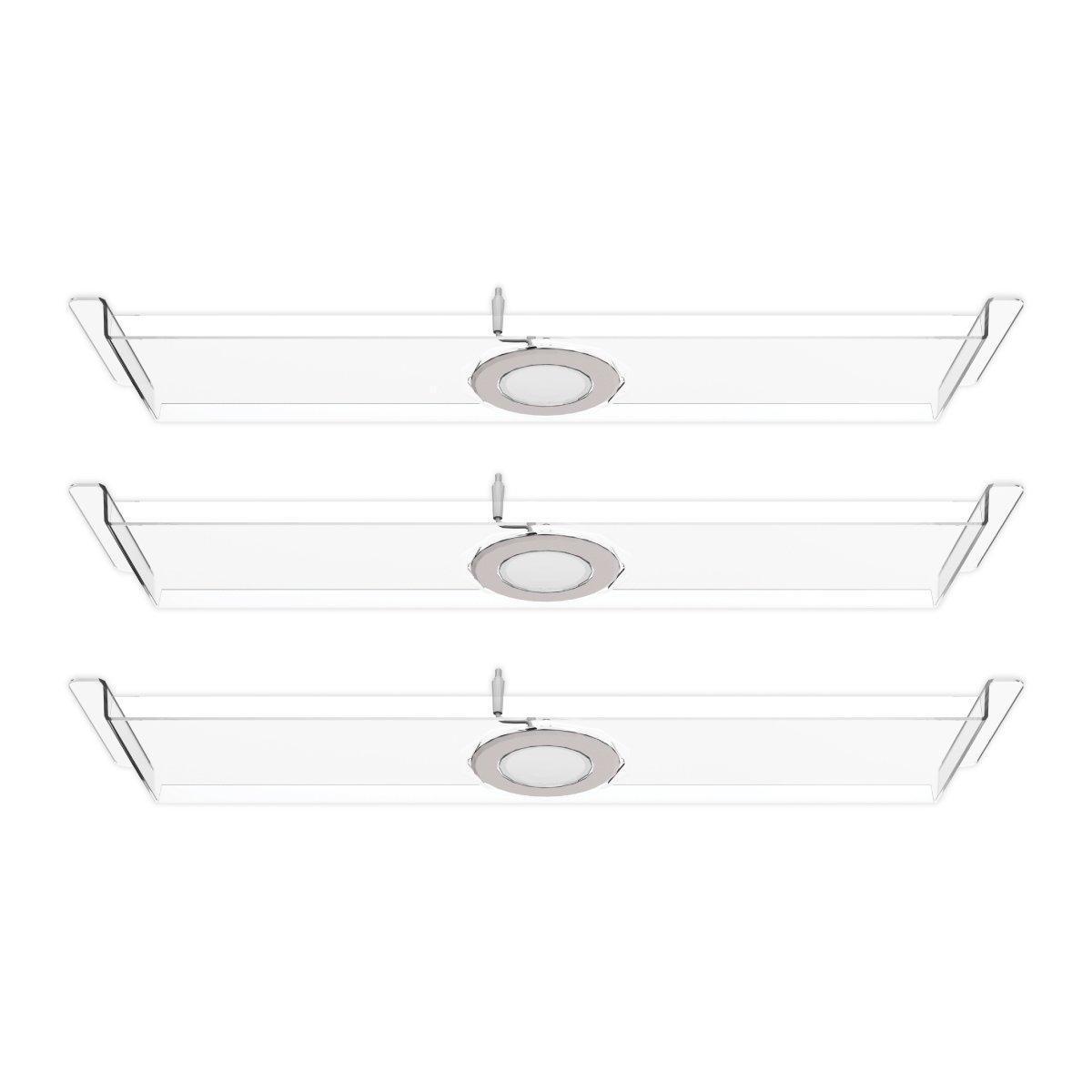 Three transparent bridge light fixtures with circular LEDs ideal for trade shows and exhibitions