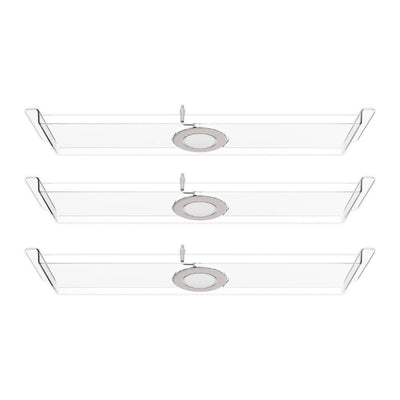 Three transparent bridge light fixtures with circular LEDs ideal for trade shows and exhibitions