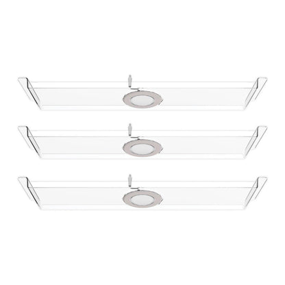 Three transparent bridge light fixtures with circular LEDs ideal for trade shows and exhibitions