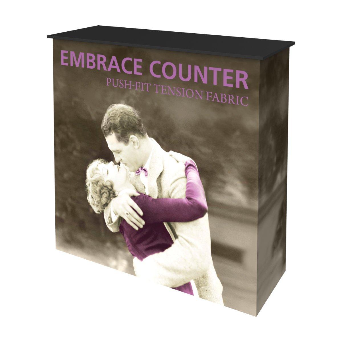 Embrace counter with push-fit tension fabric featuring vintage couple image for trade shows and exhibitions