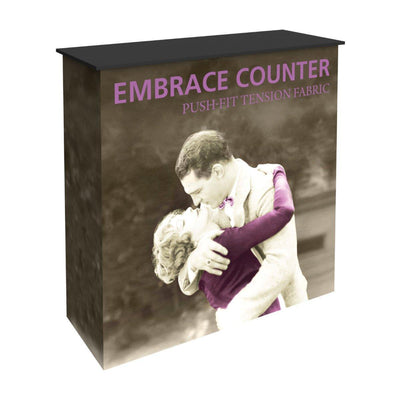 Trade show Embrace Counter with push-fit tension fabric featuring vintage embracing couple design