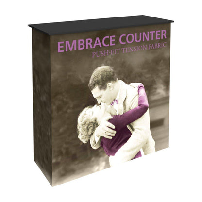 Trade show Embrace Counter with push-fit tension fabric featuring vintage embracing couple design