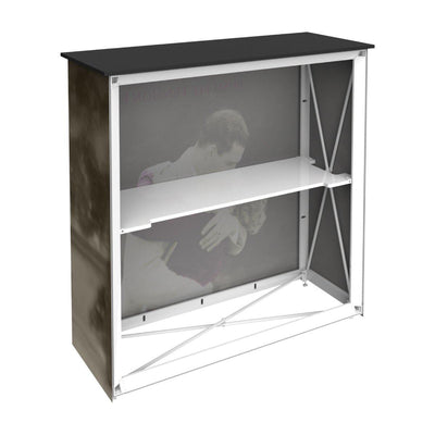 Portable trade show counter with built-in shelf and graphic display for exhibitions and events