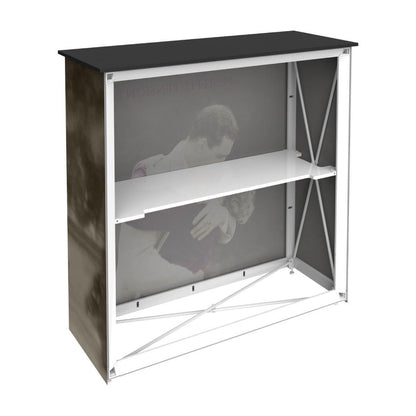 Portable trade show counter with built-in shelf and graphic display for exhibitions and events