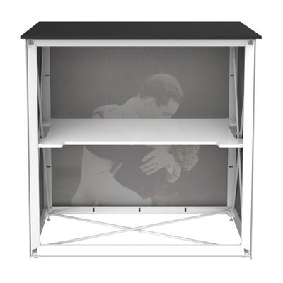 Compact, foldable trade show counter with graphic wrap, ideal for exhibitions and events