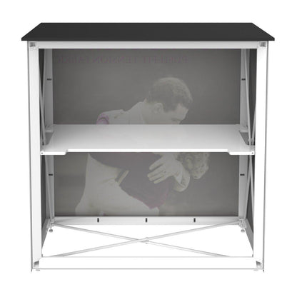Compact, foldable trade show counter with graphic wrap, ideal for exhibitions and events