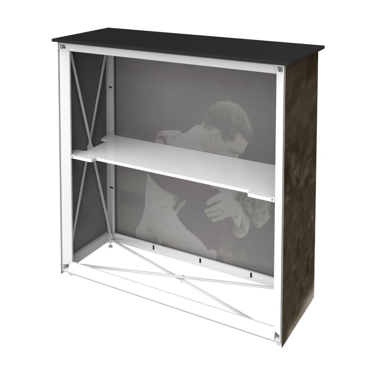 Compact trade show counter with built-in shelf and printed fabric graphic for exhibitions and events