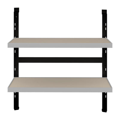 Double shelf kit mounted on vertical frame for trade show display and exhibition setup